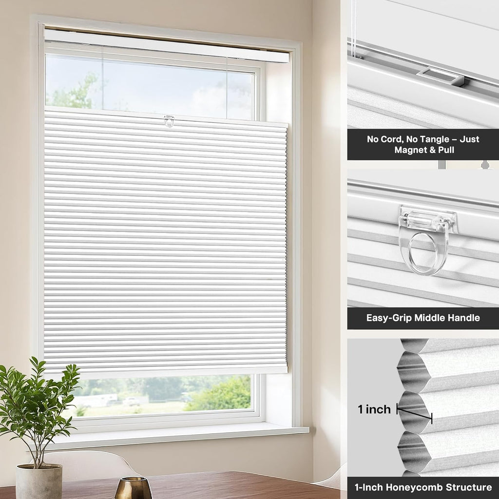 TDBU Cellular Shades, Blackout-White, | Thermal Insulation, Noise Reduction Cordless With Drill Top Down Bottom Up