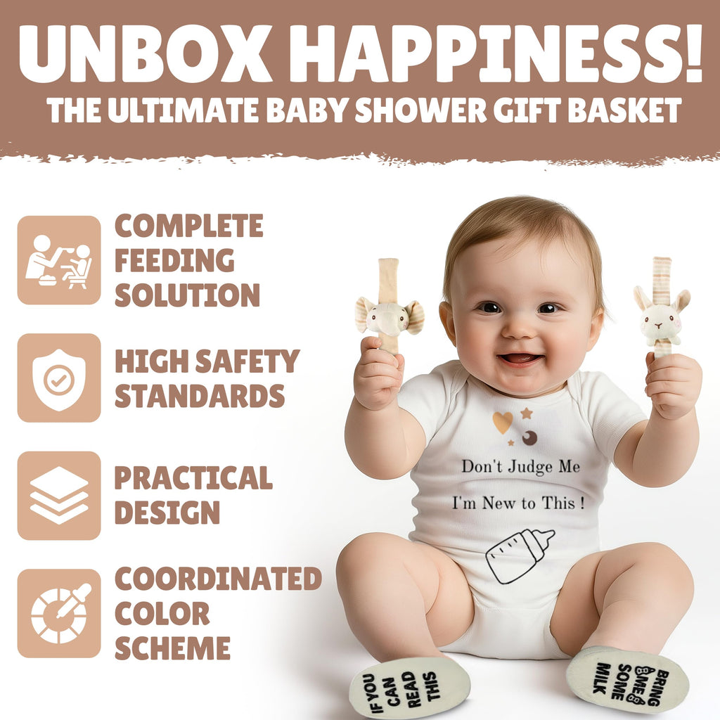Gift Set | 11 Piece Gender Neutral Newborn Gift Basket for Boys & Girls - Baby Essentials with Plate, Bib, Spoon