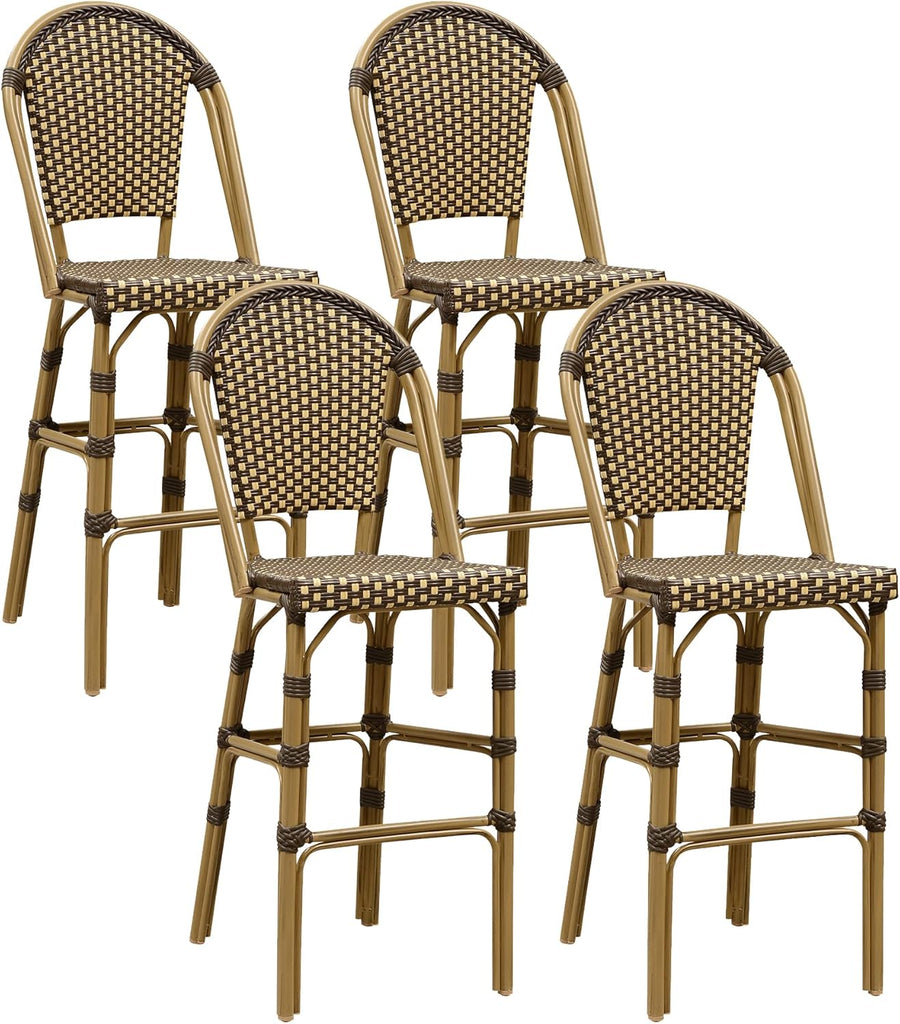 French Bar Stool Set of 4 Bamboo Print Finish Patio Bar Stools with Back Rattan Chairs Wicker Bar Height Stool 30"