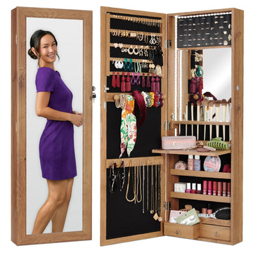 LED Mirror Jewelry Cabinet, Tall Lockable Wall or Door Mounted Jewelry Armoire Organizer with Mirror, 2 Drawers