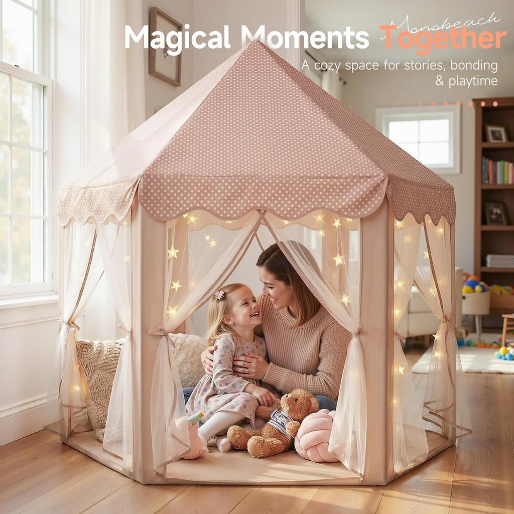 Princess Play Tent for Girls: Brown Large Kids Castle Playhouse with Mesh Curtains & Star Lights - Indoor Outdoor