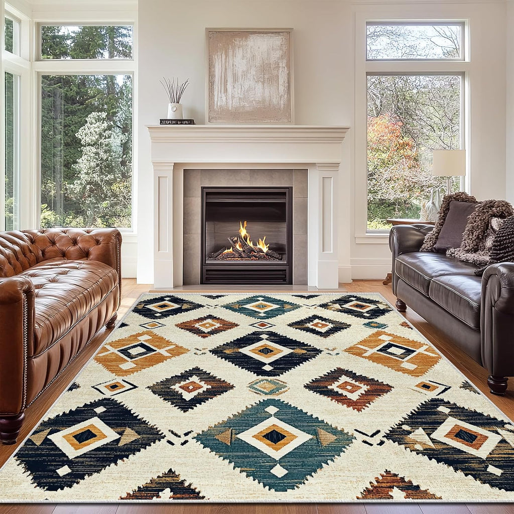 9x12 Western Aztec Rug Southwestern Tribal Navajo Black Beige Tan Area Rug Non Slip Low Pile Thin Large Carpet