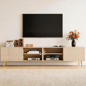 86'' Mid Century Modern TV Stand, Fluted Media Console, Large Storage Entertainment Center, Wood TV Console for 80