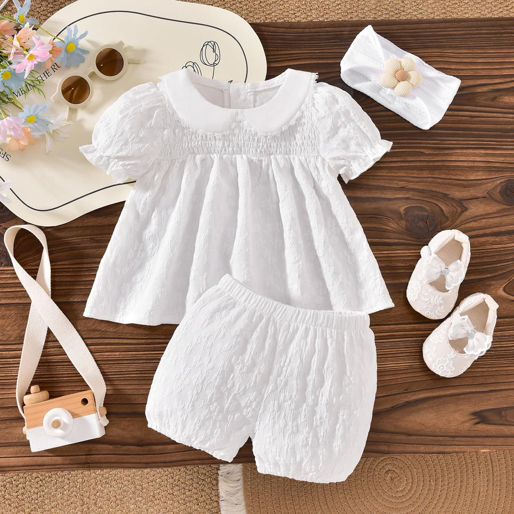 Baby Girl Summer Outfits Smocked Tops Shorts Set With Headband