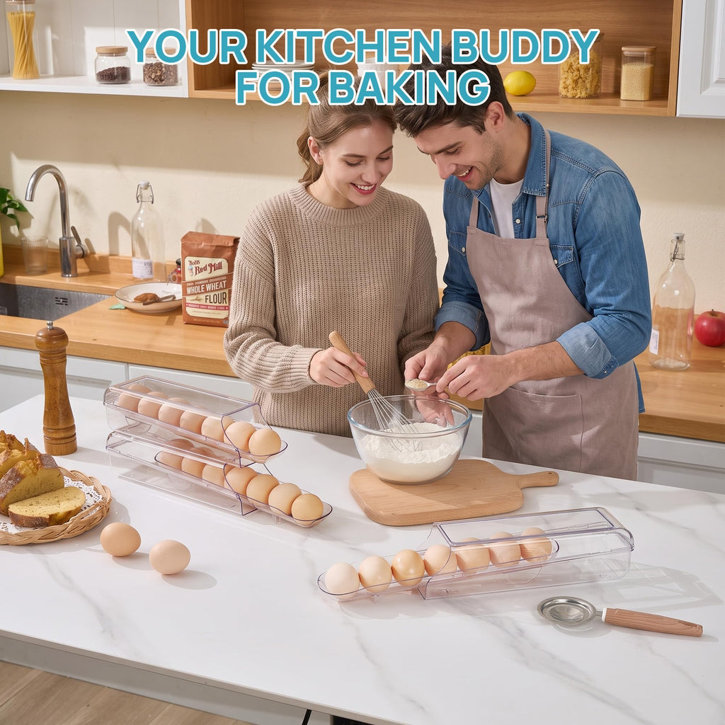 3 Pack Auto Rolling Egg Holder for Fridge, egg container for refrigerator