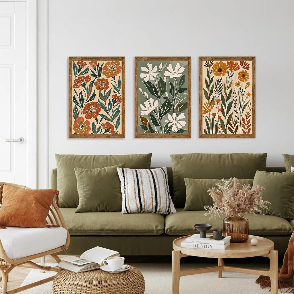 3 Pieces Flower Market Canvas Wall Art, Green Beige Abstract Boho Floral Wall Decor, Minimalist Colorful Botanica Art