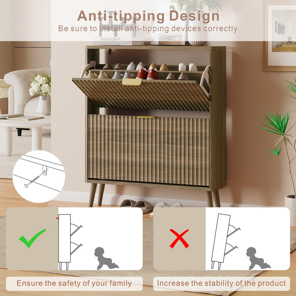 Narrow Shoe Storage Cabinet, Freestanding Shoe Cabinet Organizer (Light Coffee, 2 Flip)