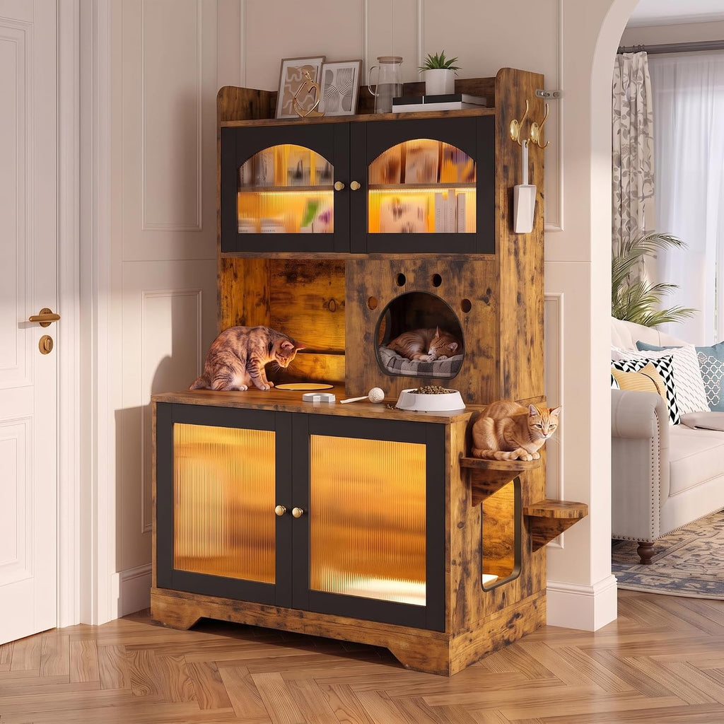 Cat Litter Box Enclosure with Storage Cabinet, Hidden Cat Washroom Furniture with Fluted Glass Doors & Cat Tree