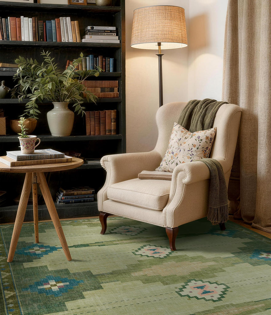 Washable Green Mid Century Modern Area Rug