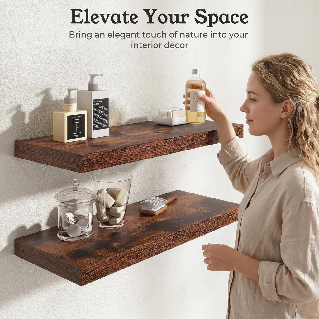 16" Rustic Brown Floating Shelves 12inch Deep Wall Shelf, Set of 2