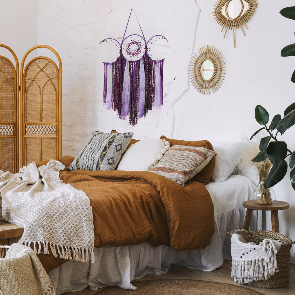 Purple Triple Moon Goddess Dream Catcher Macrame Wall Hanging, Pagan Decor