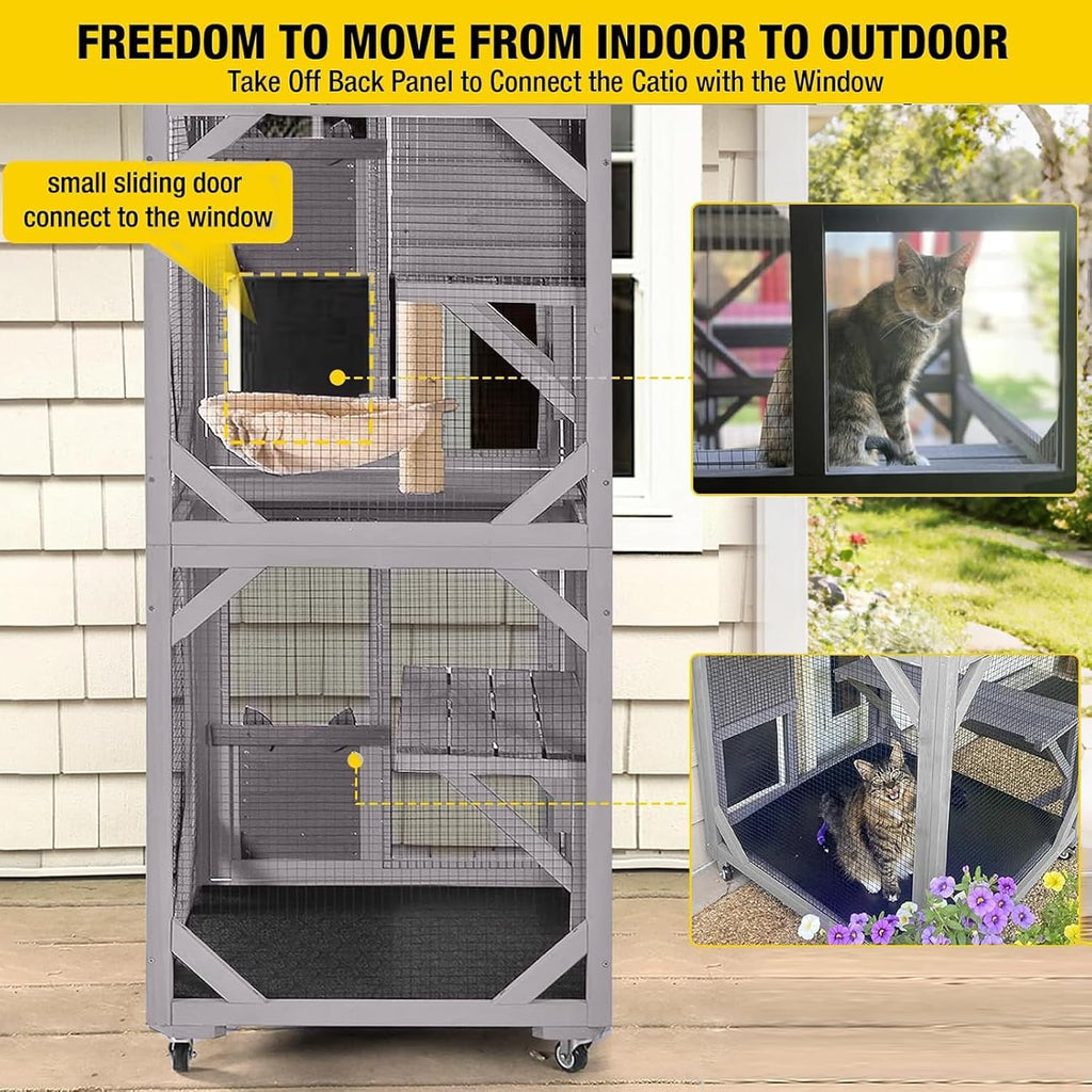 Cat House Outdoor Catio Cat Enclosures on Wheels 70.9" Kitty House with Upgraded Resting Box, Waterproof Roof