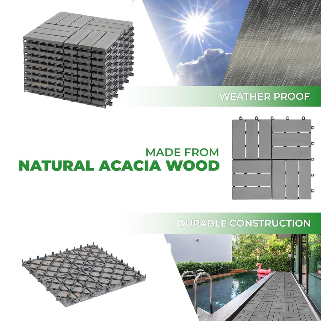 Interlocking Deck Tiles 12"x12"x0.94'' Gray Acacia Wood Patio Decor Flooring Tiles-Interlocking FSC Wood Flooring