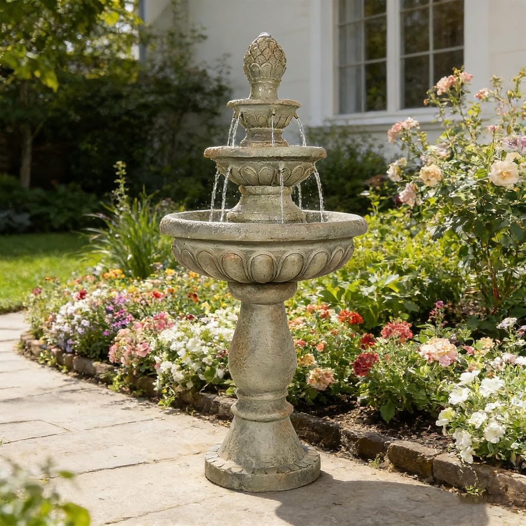 42.5" Water Fountain Outdoor - Large Waterfall Fountain Outside, 3-Tiers Cascading, Fiber Reinforced Concrete