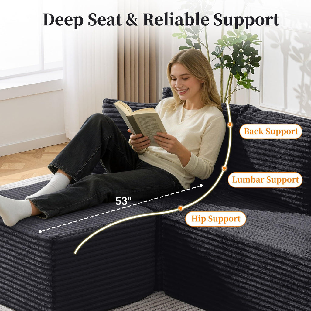 Cloud Modular Sectional Sofa with L-Shaped, Boneless Couches, Fluffy Comfy Corduroy Deep Seat with Ottoman, Bedroom