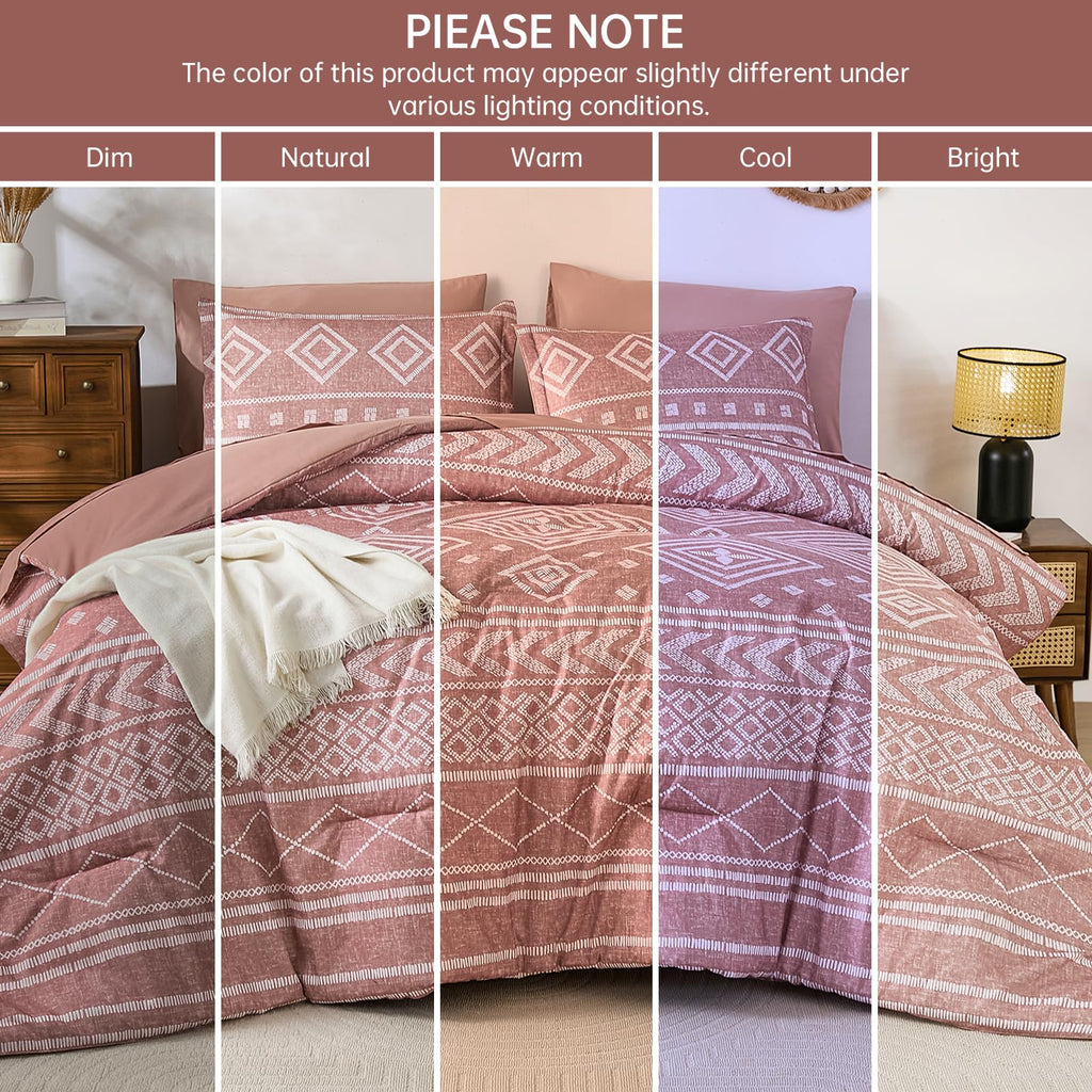 Boho Comforter Set King Size, 7 Pieces Aztec Blush Bed in a Bag