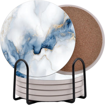 White Agate Marble Round Coasters - Abosrbent Ceramic Coasters with Metal Stand for Drinks, Coffee, Non-Slip - Set of 6