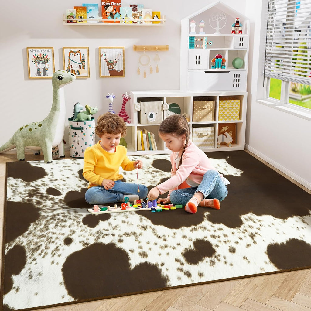 Faux Cowhide Rugs Bedroom, 8x10 Cow Print Area Rug | Machine Washable Non-Slip Stain Resistant Rug Premium Western