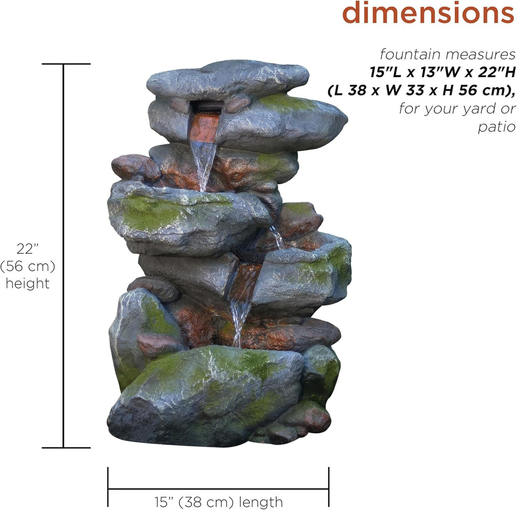 22" Tall 3-Tier Outdoor Rock Waterfall Fountain with LED Lights, Natural Stone Look Decor, Gray