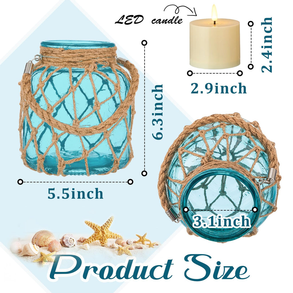 2 Set Nautical Lanterns Rope Handle, Coastal Glass Jar, Blue