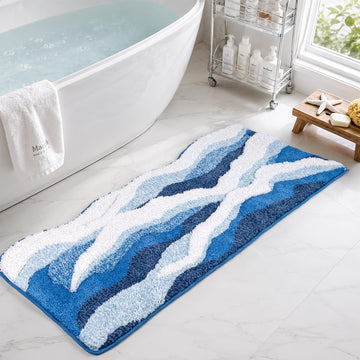 3D Ocean Wave Bath Rug, Cute Bathroom Rug, Ultra Soft Plush Microfiber Bath Mat, Super Absorbent, Non-Slip TPR