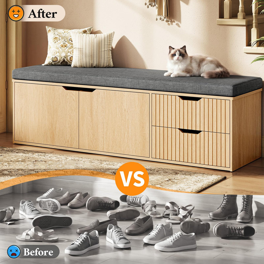 59" Storage Bench with Drawer, 2-Tier Shoe Bench with Storage, Long Entryway Bench, Thickened Cushion, Adjustable