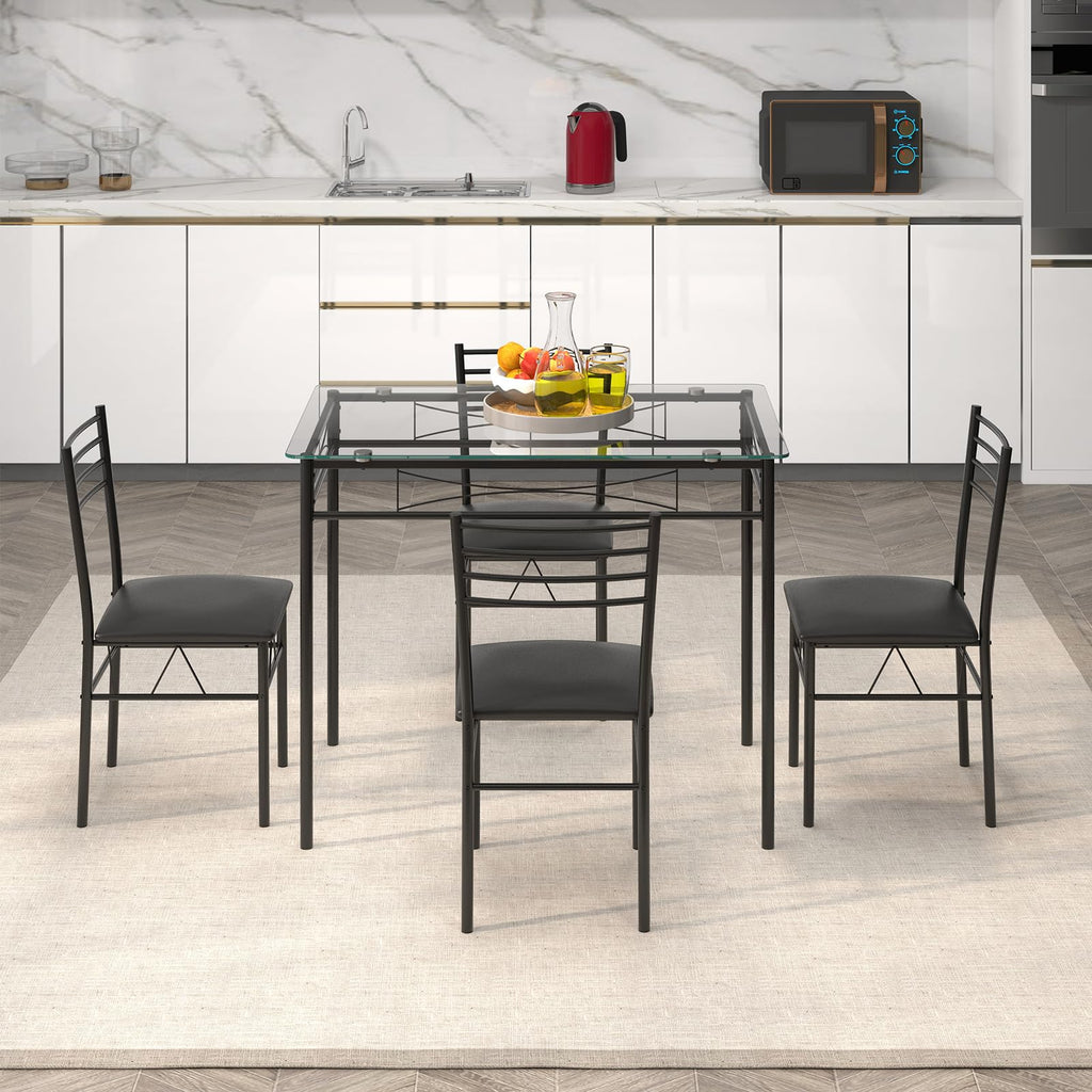 5 Piece Dining Table Set, Kitchen Dining Set with Tempered Glass Table Top and 4 Upholstered Chairs, Dinette Set for