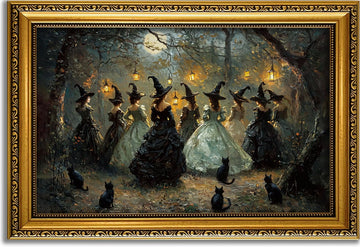 Halloween Wall Art Witch and Black Cat Vintage Decor Gold Framed