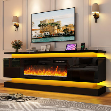 71"Fireplace Tv Stand w/40"Fireplace Up to 85/80/75/70" TVs, 2 Led Light Wood TV Consoles w/Storage Cabinet, Modern