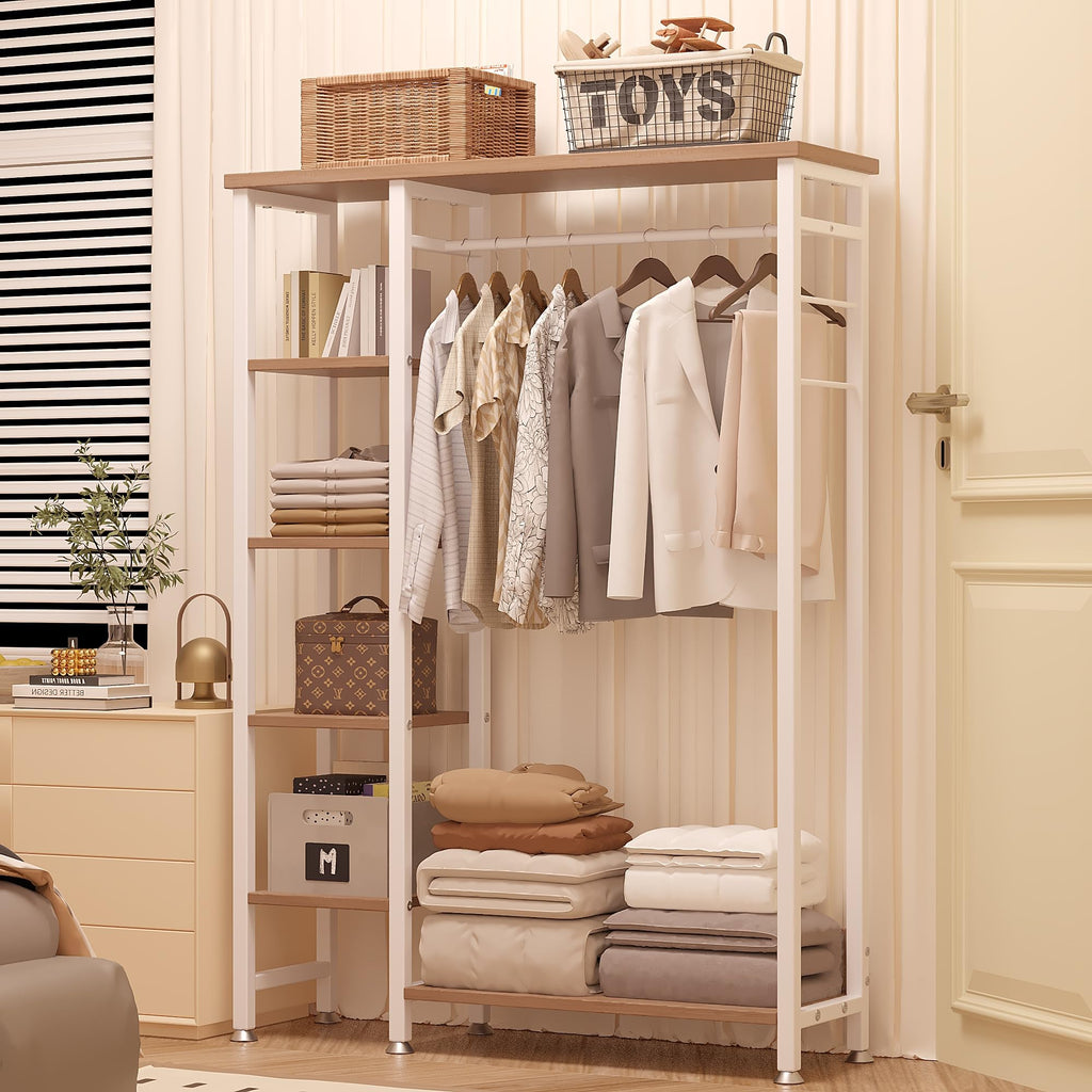 Open Garment Clothing Rack, Free-Standing Heavy Duty Storage Closet with 5 Shelves and Hanging Rod for Small Spaces