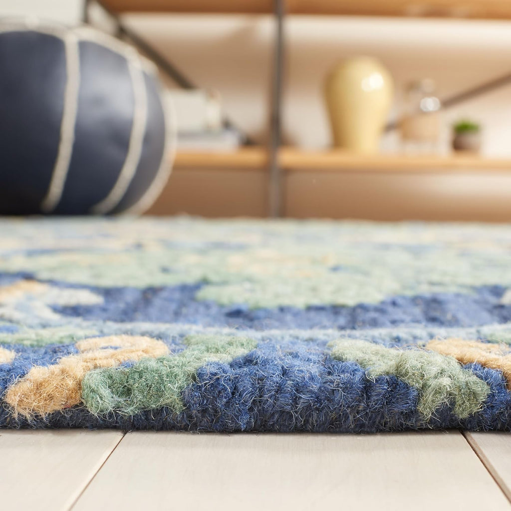Blossom Area Rug - 10' x 14', Navy & Green, Handmade Boho Fringe Wool