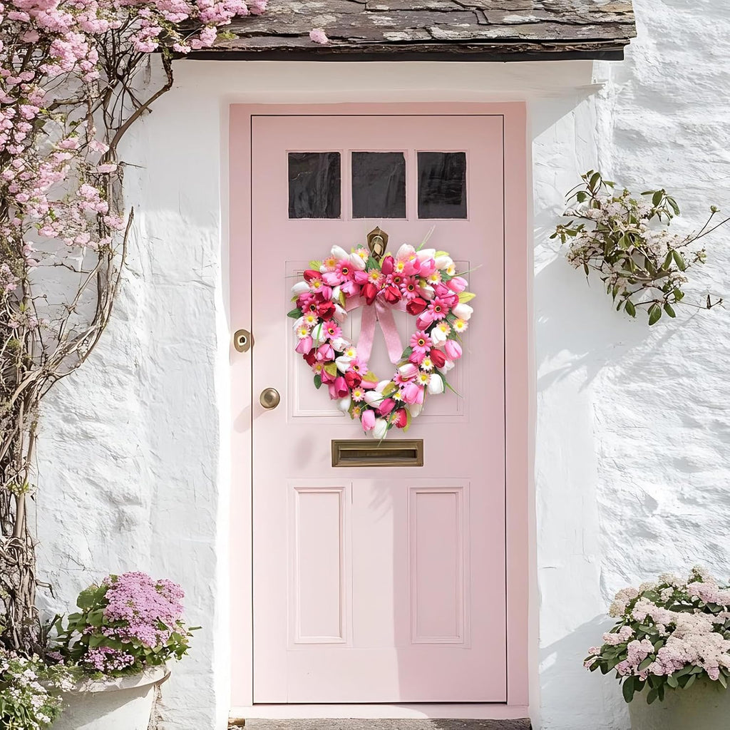 Valentine's Day Heart Shaped Tulip Wreath, 20 Inch Pink White Tulip Floral Wreath for Front Door, Artificial Flower