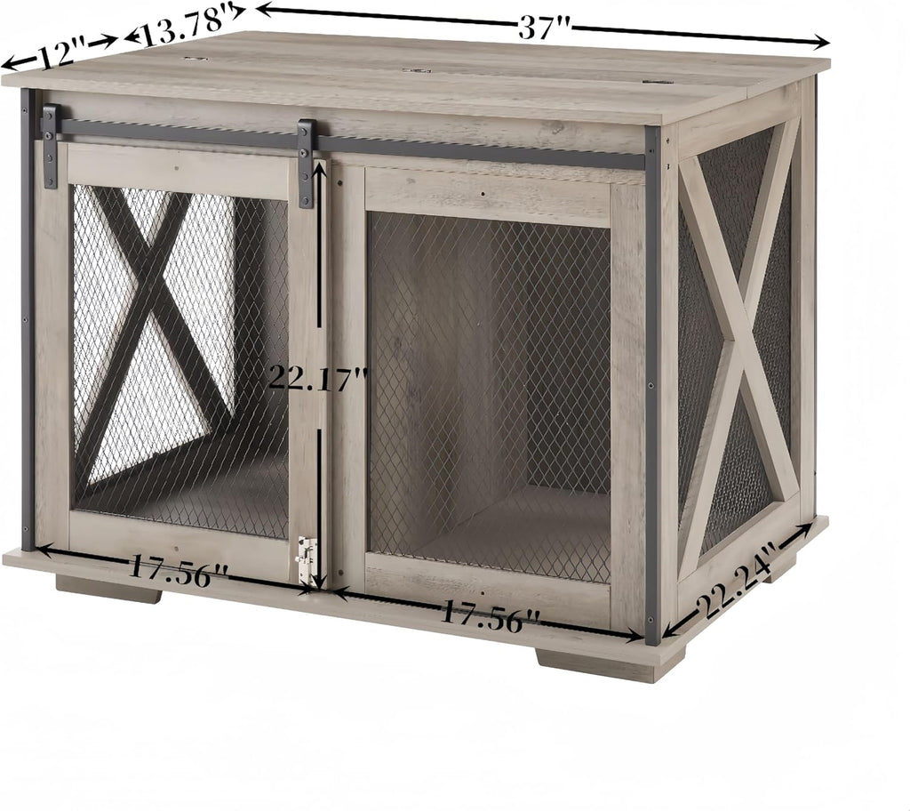 37''L Farmhouse Dog Cage Crate Furniture with Sliding Barn Door, Wooden Dog Kennel End Table with Flip-top Plate