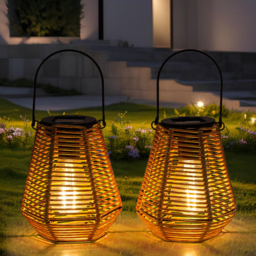 Solar Rattan Lanterns Waterproof 2 Pack, Solar Hanging Lights