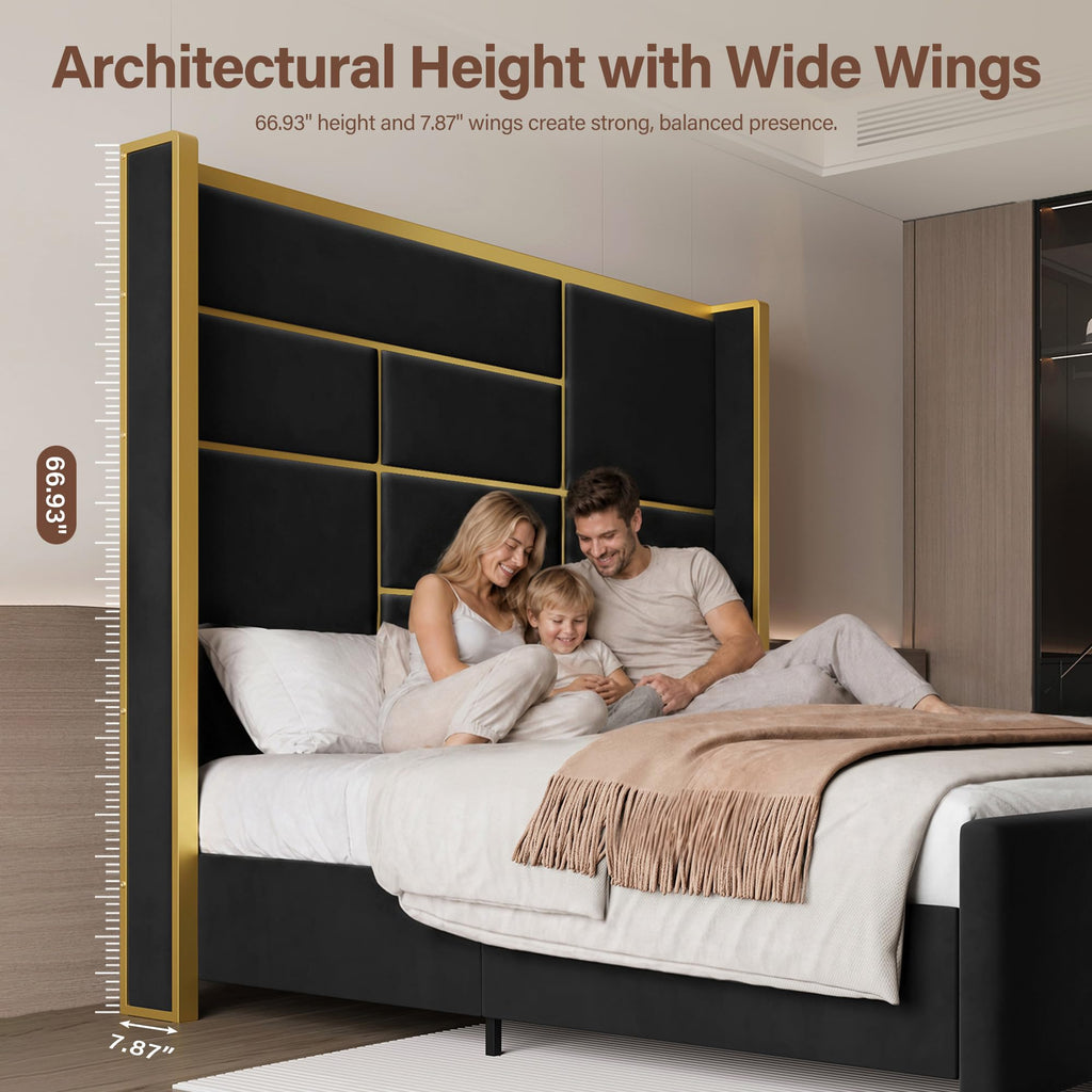 Queen Bed Frame with Headboard, 66.93" Tall Bed, Black and Gold