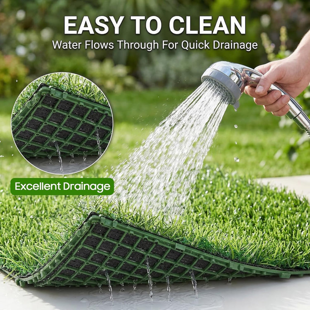 Artificial Grass Interlocking Deck Tiles 9 Pack 12"x12" Fake Turf Grass Outdoor Tiles with Drainage Holes Waterproof