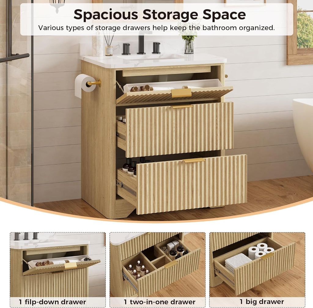 30" Freestanding Bathroom Vanity with Ceramic Sink - Vanity Cabinet with 2 Drawers & Flip-Down Storage
