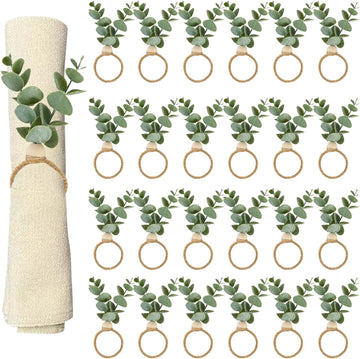 Napkin Rings with Artificial Eucalyptus Leaf Wood Bead Jute Rope for Christmas Farmhouse Wedding Home Dining - Set of 24