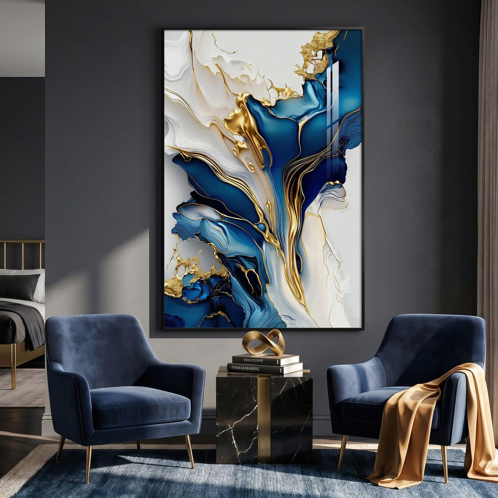 Extra Large Framed Blue White and Gold Abstract Wall Art, Vertical 40x60 In