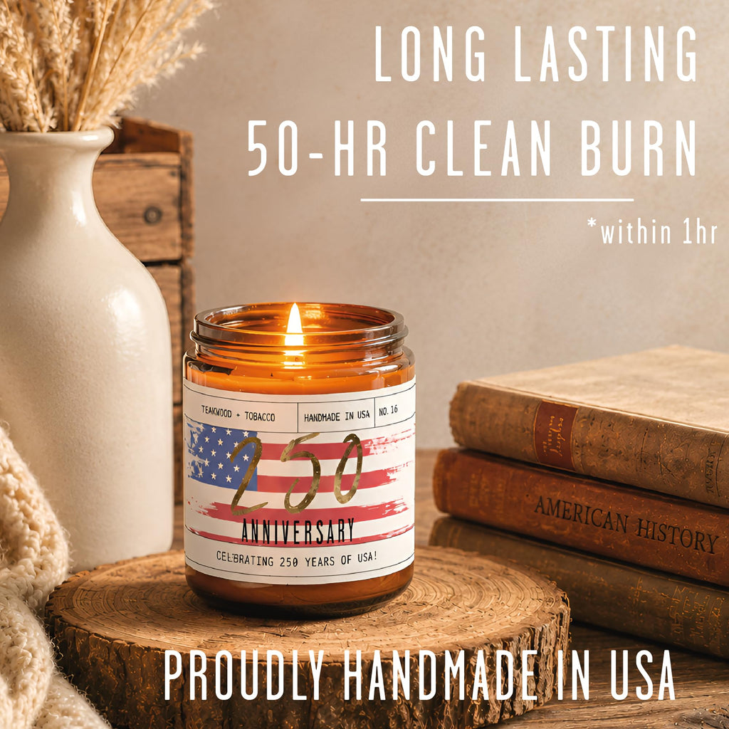 250 Anniversary USA Merchandise Women Patriotic Candles -w/Teakwood, Tobacco, Orange - 4th of July Candles Gifts for