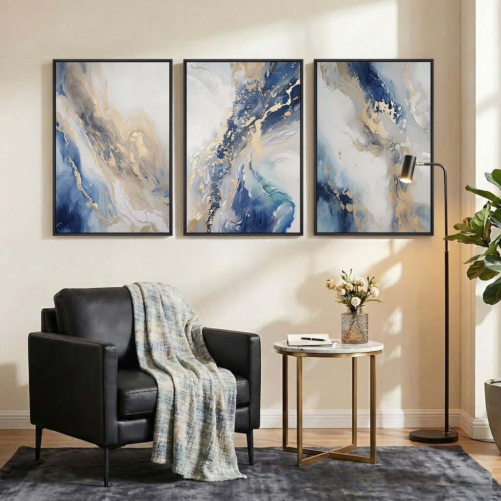 Large Framed Abstract Blue and Gold Wall Art, 24x36 Inch