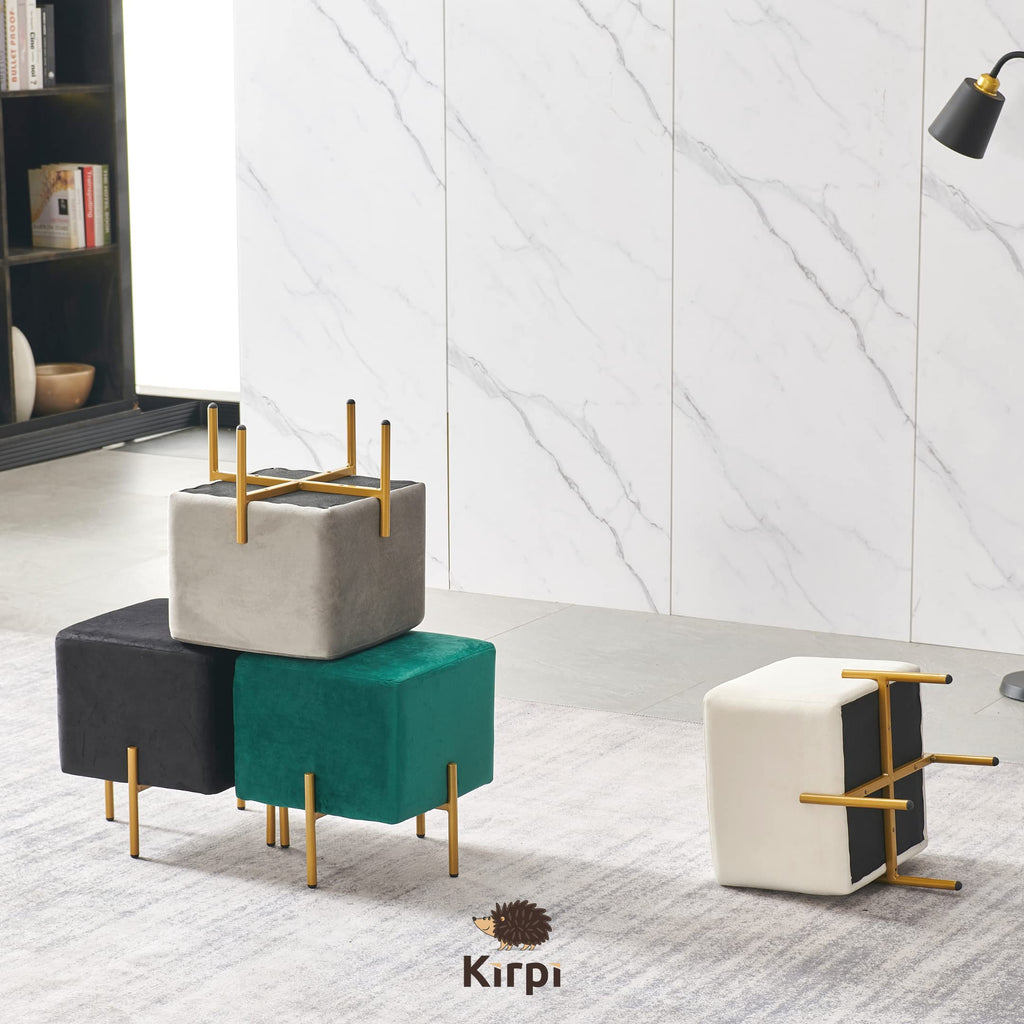 Cream Velvet Foot Stool Set of 2, Modern Vanity Ottoman Stools with Gold Legs, Cube Accent Foot Rest Bedroom Makeup