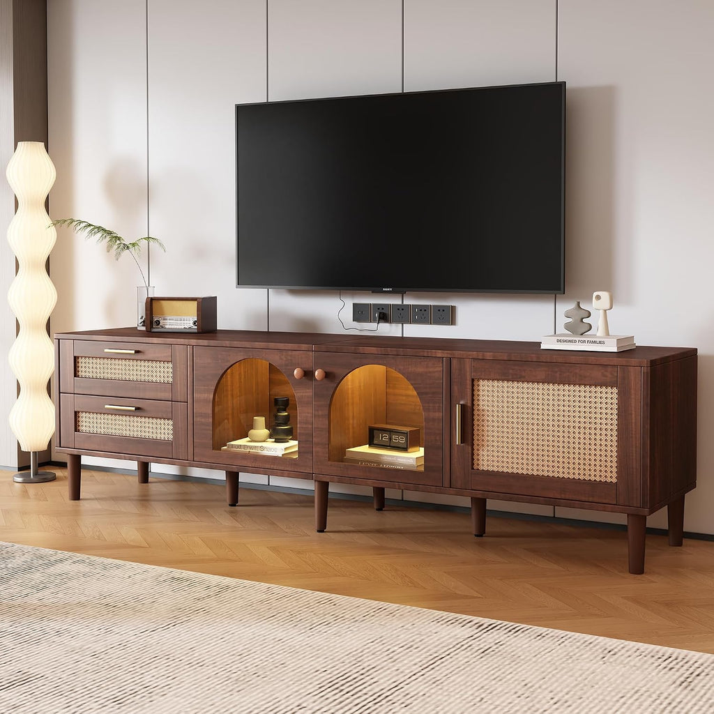 Rattan TV Stand with LED Lights, 70" Entertainment Center with 3 Cabinets & 2 Drawers Media Console Table for TVs Up
