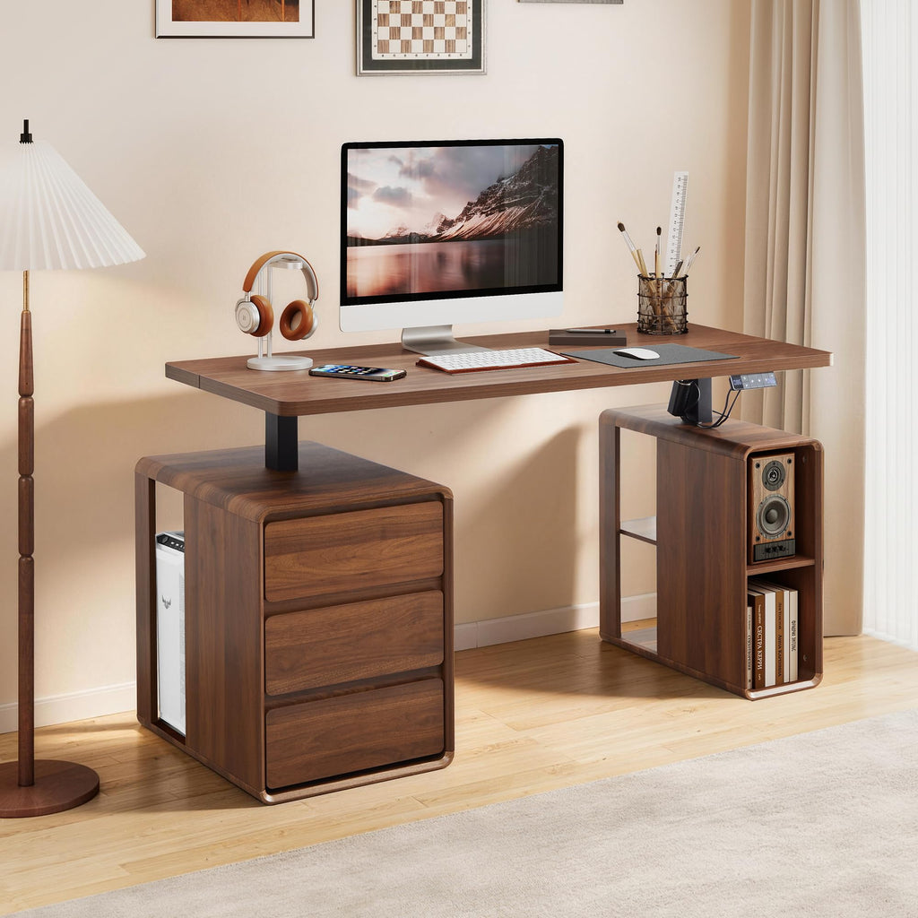 55" Wood Electric Standing Desk with Drawers and Storage Shelves