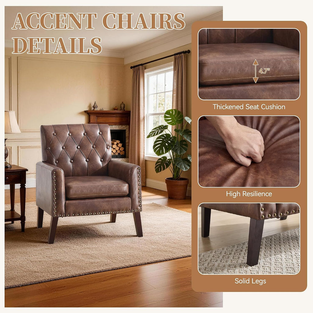 Faux Leather Accent Chair, Modern Upholstered Armchair with Button Tufted Back, Mid Century Comfy Club Chair - Set of 2