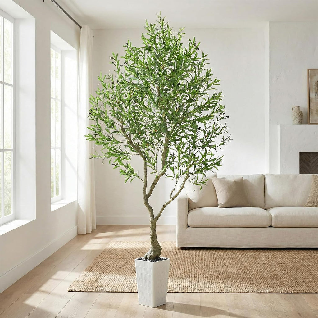 Olive Trees Artificial Indoor 8FT Tall Faux Olive Plants Silk Plant with White Planter, Artificial Plants Home Office