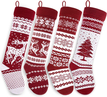 26-Inch Large Nordic Style Knitted Christmas Stockings in Burgundy/White for Stuffers & Mantel, Wall, & Staircase - Set of 4