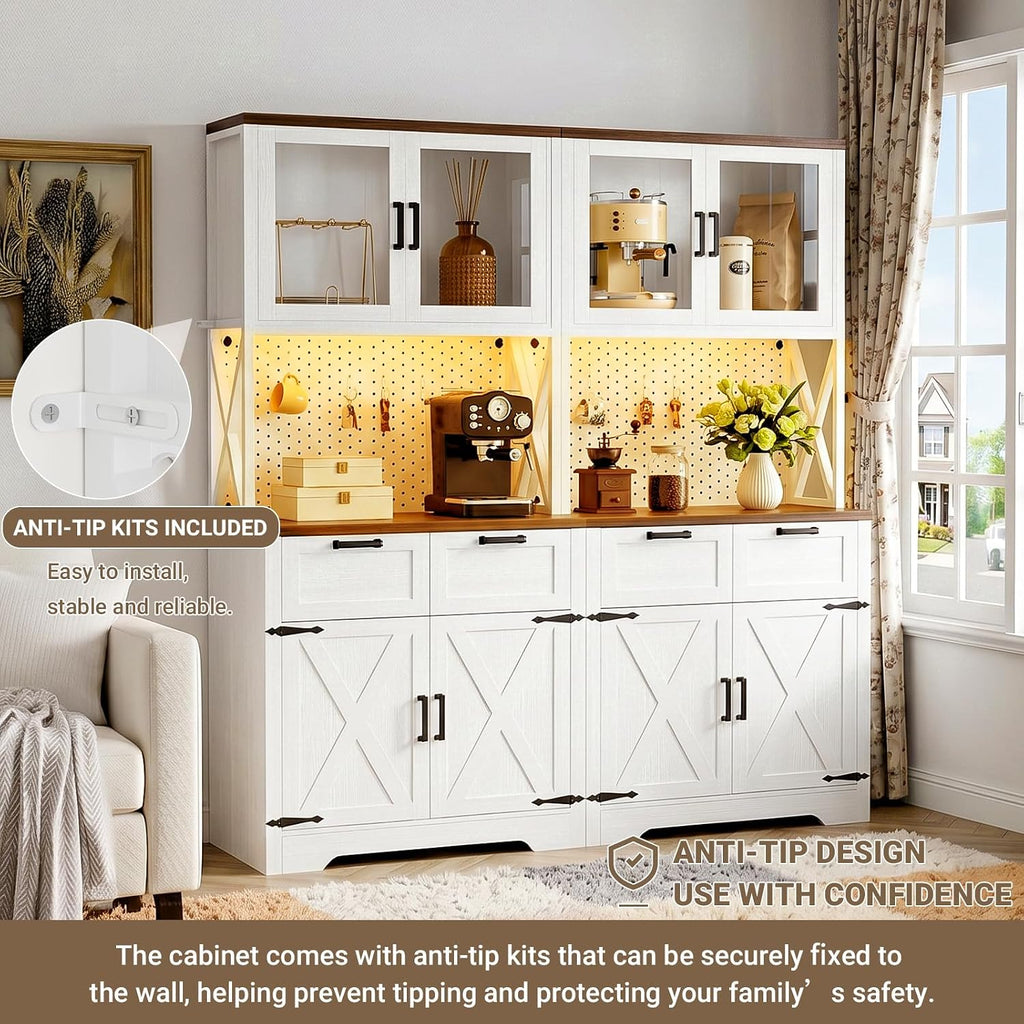 71" Kitchen Pantry Cabinet with LED Light & Outlet, Microwave Stand | White & Rustic, 63" Wide, DIY Pegboard Panel