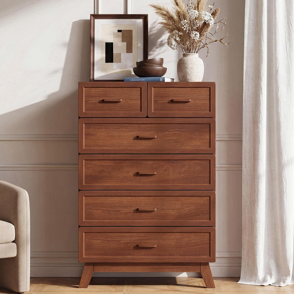 Walnut 6 Drawer Dresser , 47" Tall Chest of Drawers | Rounded Corner Safety Design, Stable 4-Leg Structure, Suitable