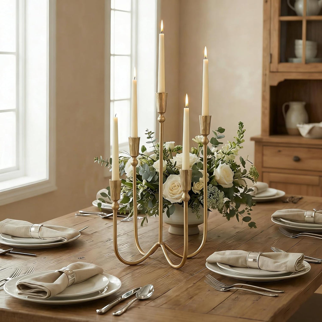 Large Iron Candelabra Centerpieces for Tables, 17.7'' Tall Taper Candle Holders, Vintage Brass Gold Candlestick